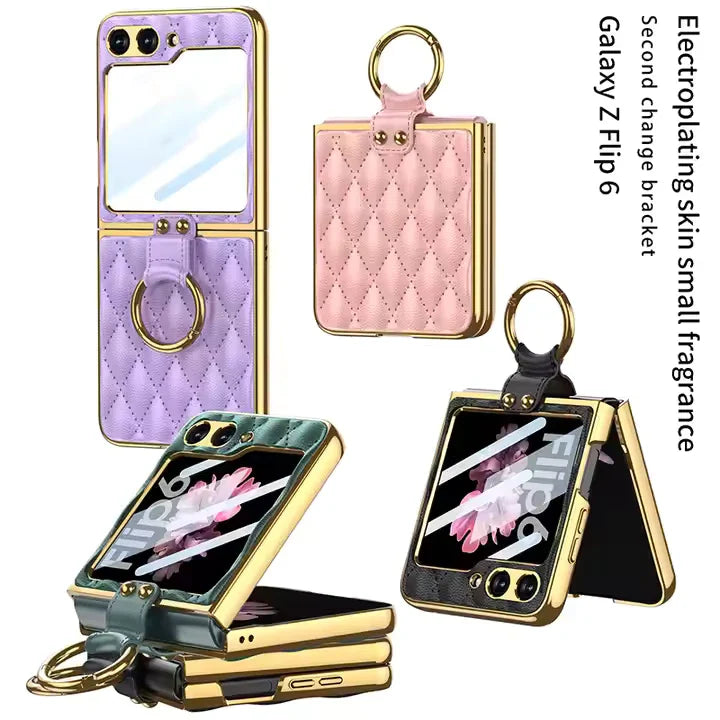 Samsung Galaxy Z Flip 6 Electroplated Leather Ring Full Lens Film Glass Case