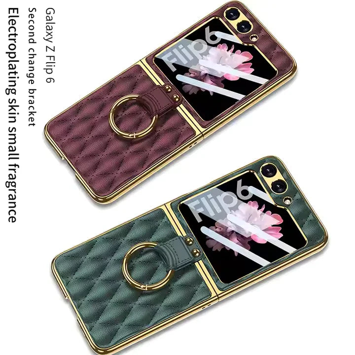 Samsung Galaxy Z Flip 6 Electroplated Leather Ring Full Lens Film Glass Case