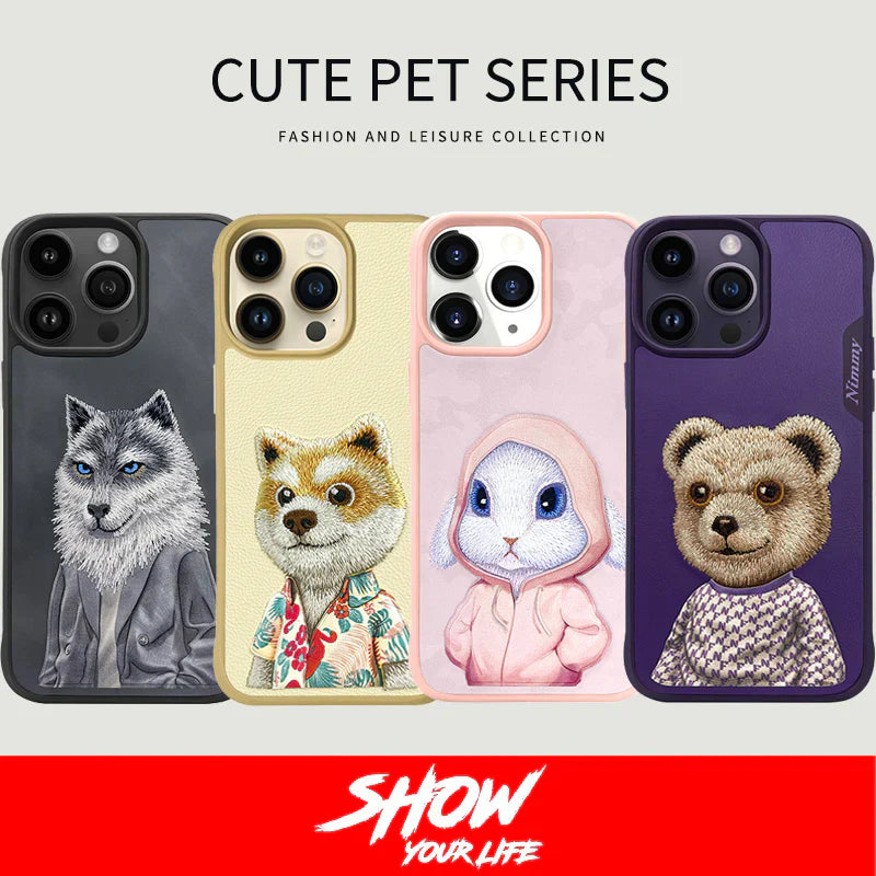 Nimmy Cute Pet 3D Embroidery Phone Case – Shockproof TPU + PC + Leather Cover with Airbag Protection