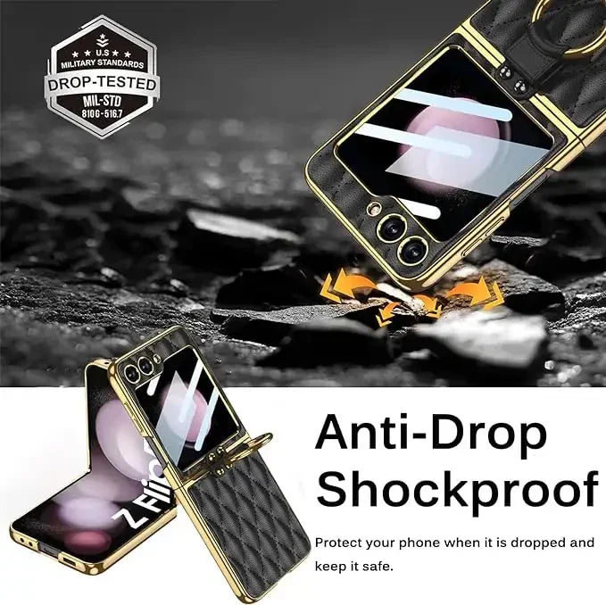 Samsung Galaxy Z Flip 6 Electroplated Leather Ring Full Lens Film Glass Case