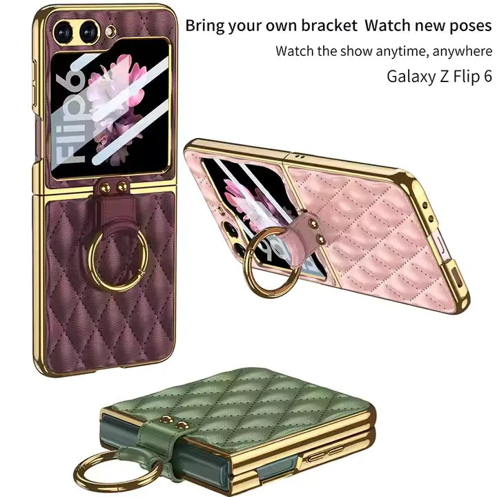 Samsung Galaxy Z Flip 6 Electroplated Leather Ring Full Lens Film Glass Case