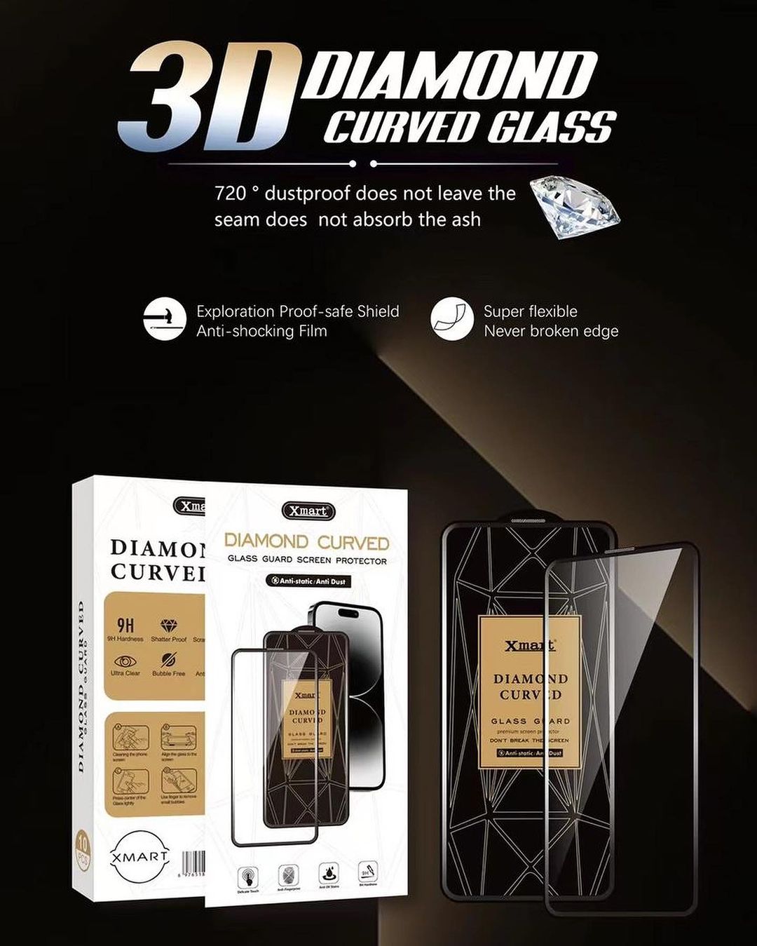 Xmart Premium Quality Diamond Curved Glass 9H Hardness | Crystal Clarity | Curved Edge Protection